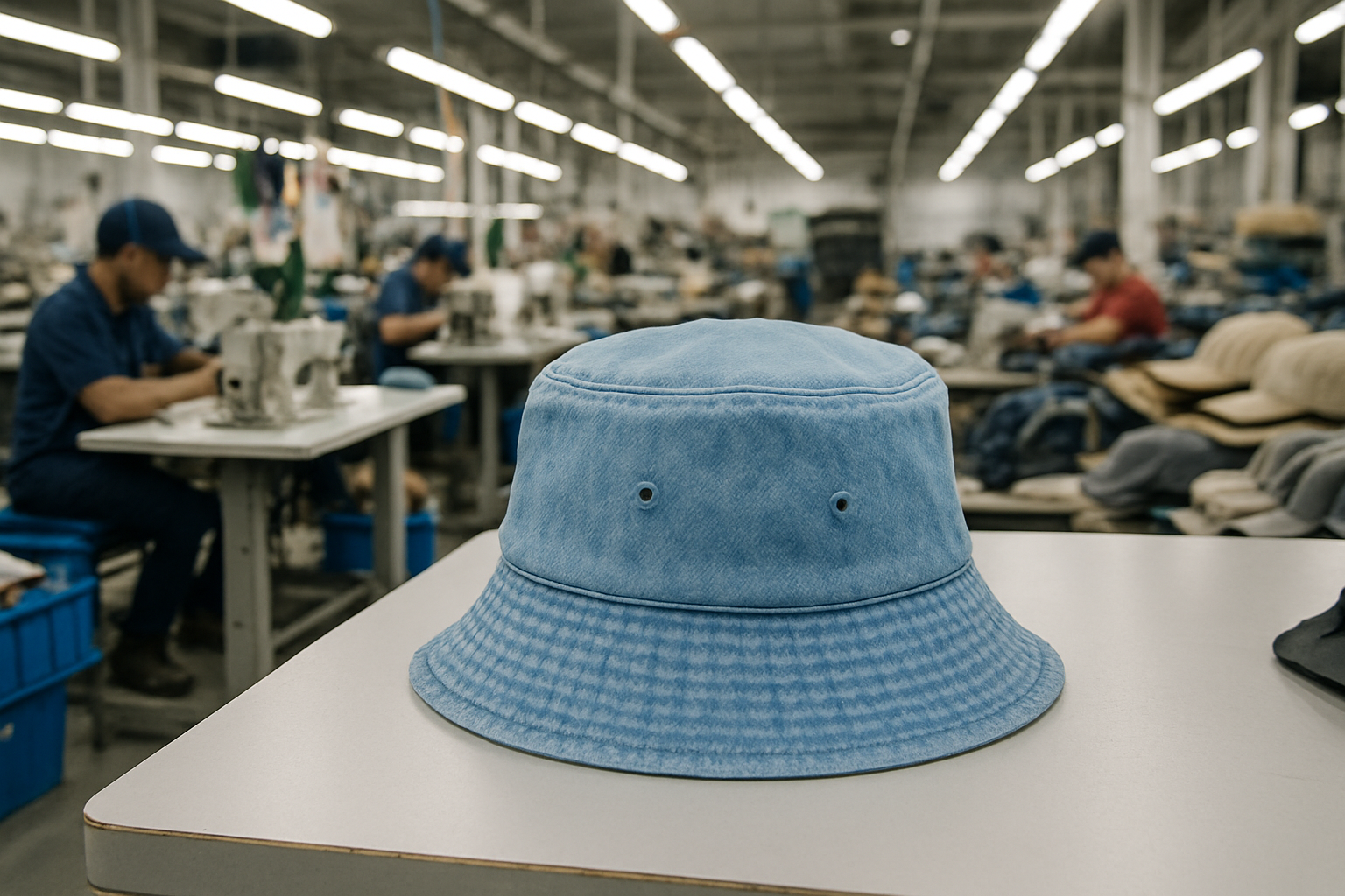 Bucket hat factory scene