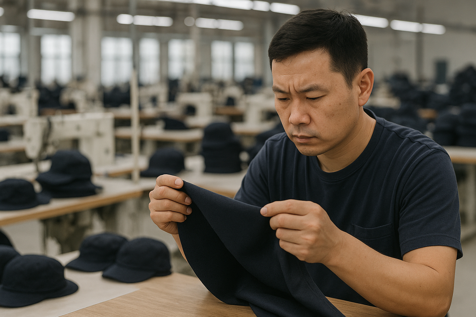 Chinese hat factory worker inspection