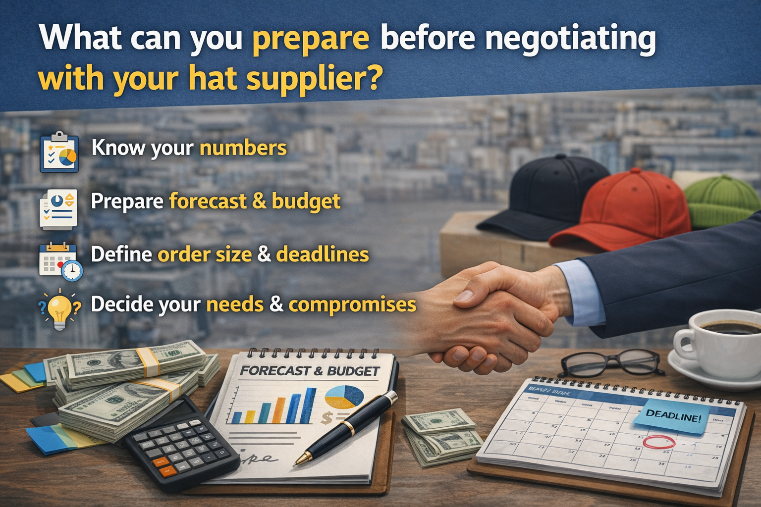 Preparing to negotiate with hat manufacturers