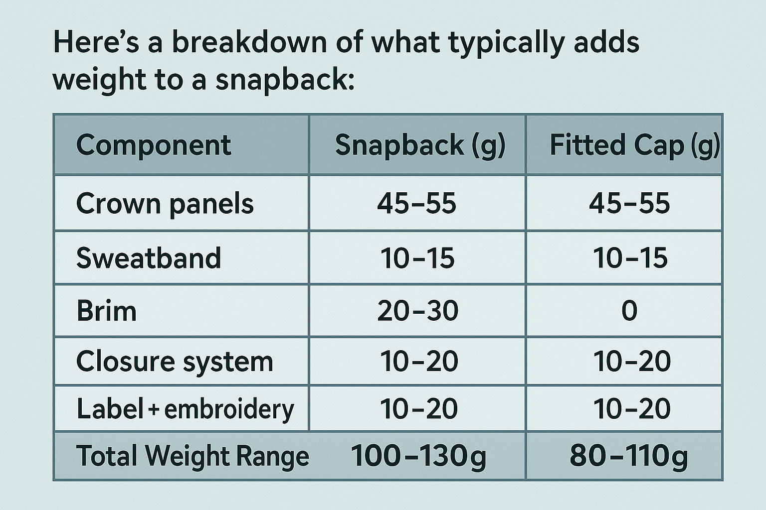Snapback vs Fitted Cap Weights Infographic