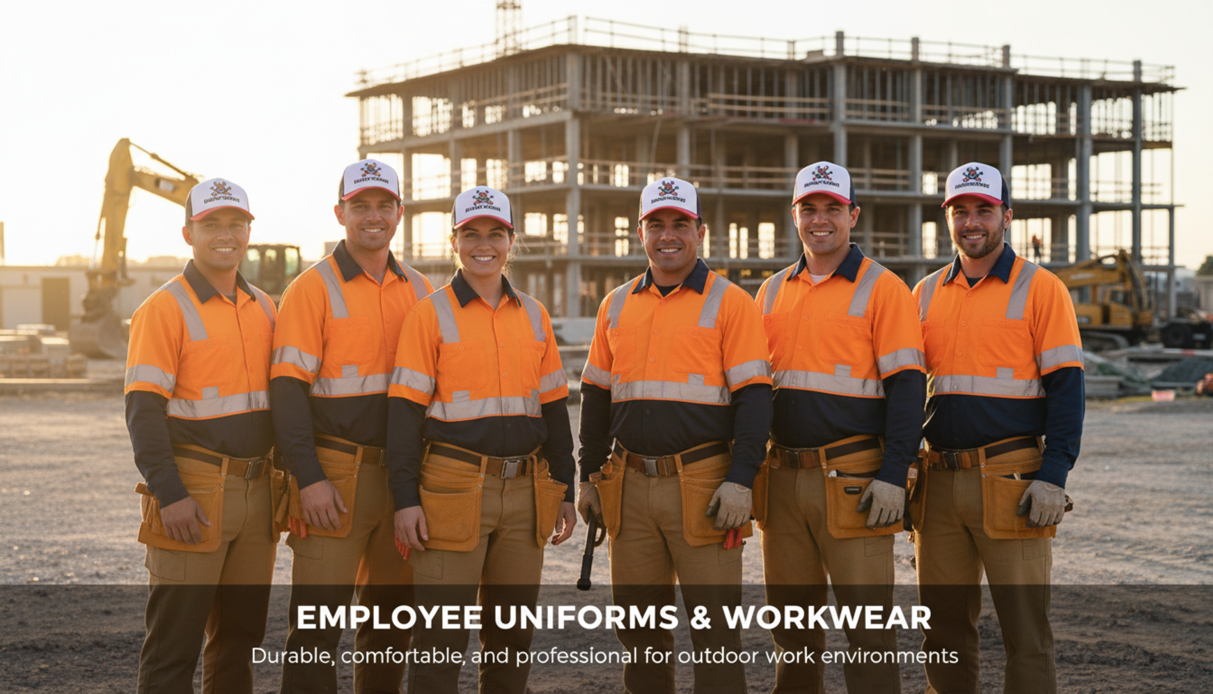 Construction workers wearing custom branded trucker hats for company uniform