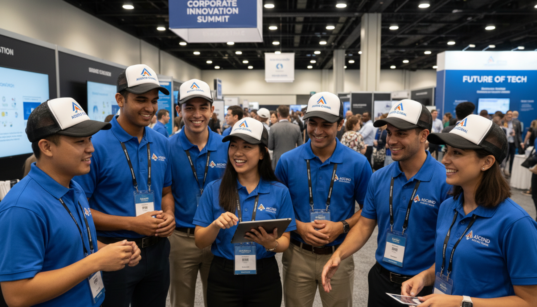 Corporate event team wearing branded trucker hats for company branding
