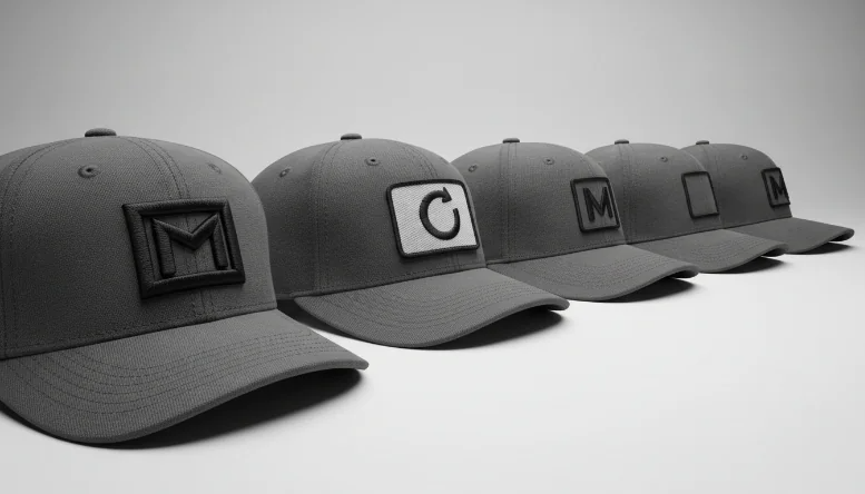 Comparison of 3D embroidery, woven patches, and printed logos on snapback hats