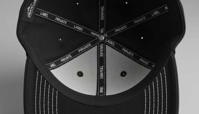 Interior taping and construction details of custom snapback hat