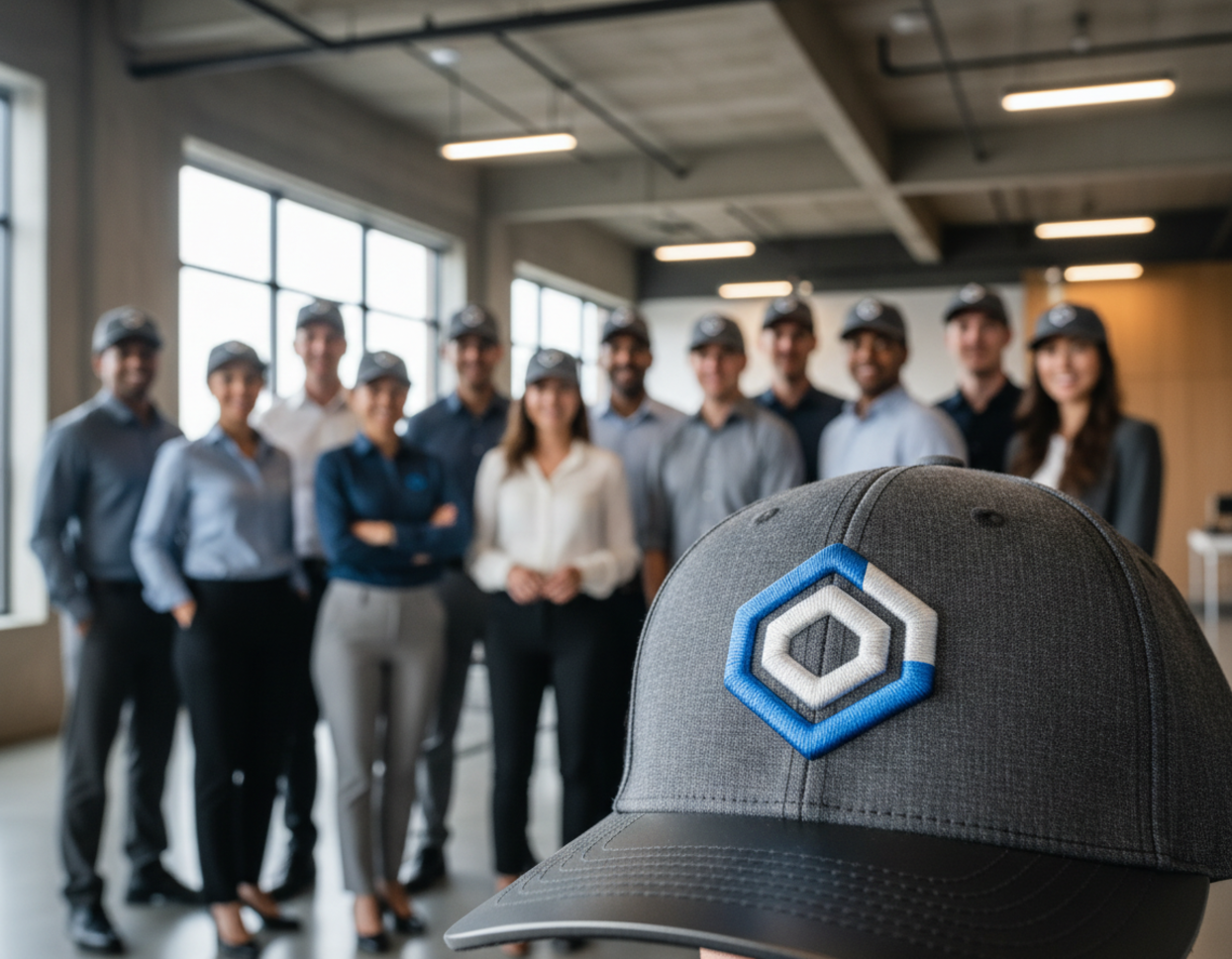 Professional sports team or company team wearing matching logo hats