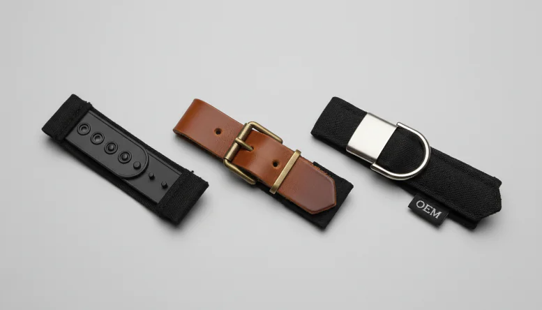 Detailed view of different snapback closure styles including plastic snap, leather strap, and metal buckle