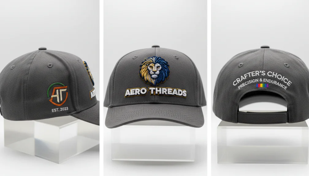 Custom embroidery logo detail on baseball cap front panel