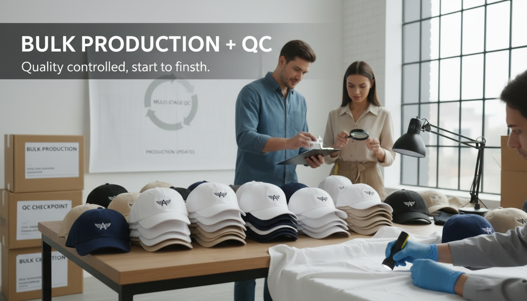 Quality control inspection process showing detailed examination of custom caps