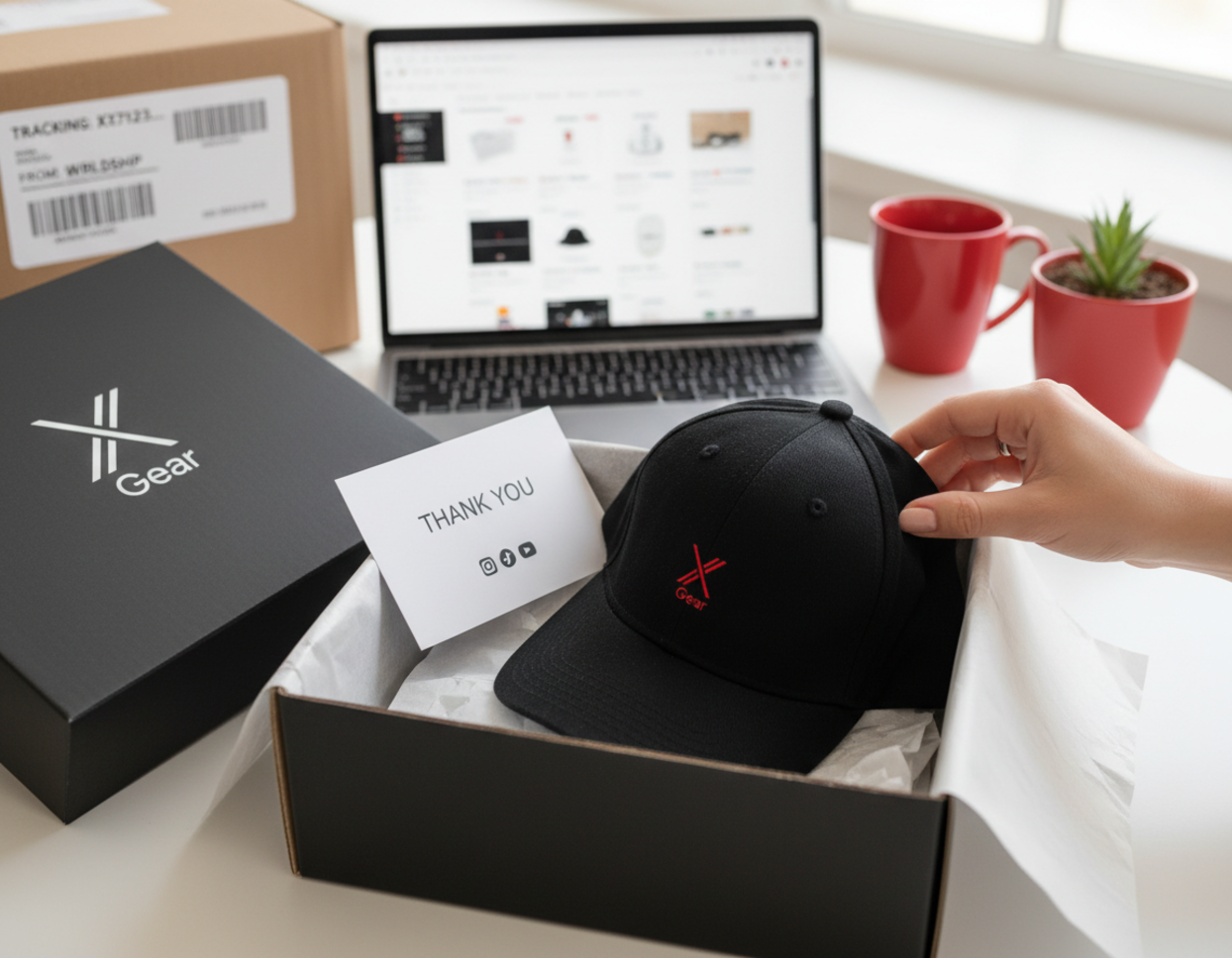 Group of fans wearing matching creator merchandise hats with social media interface