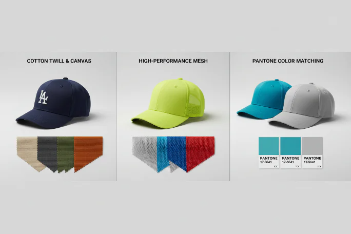 Baseball cap material texture and color options detail