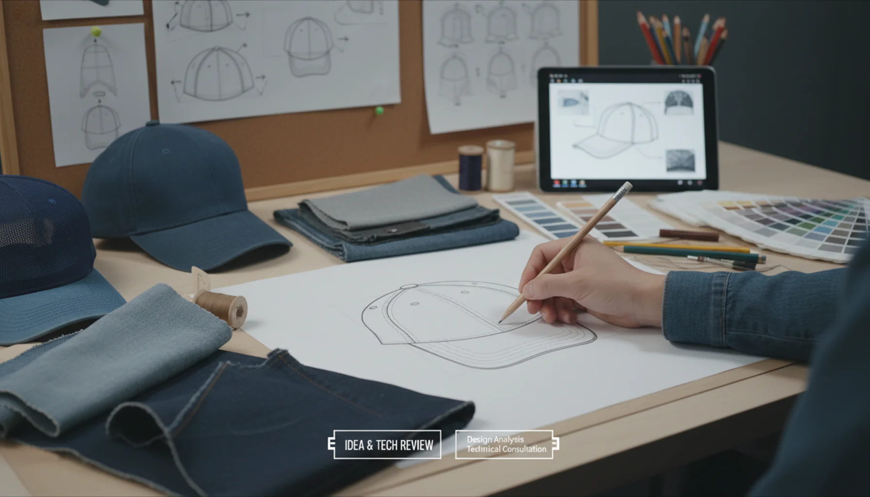 Design team reviewing tech packs and artwork