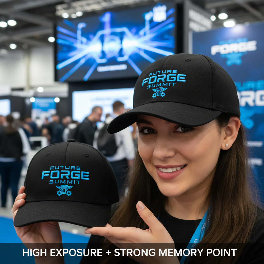 Event merchandise cap with prominent logo placement