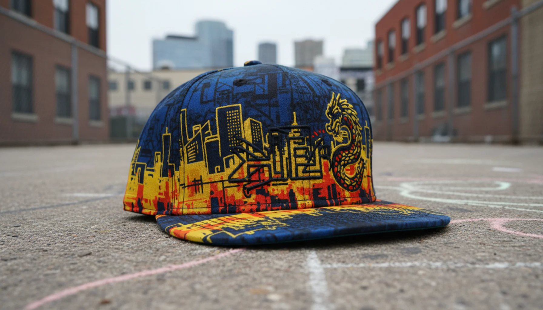 Flat bill baseball cap with custom design