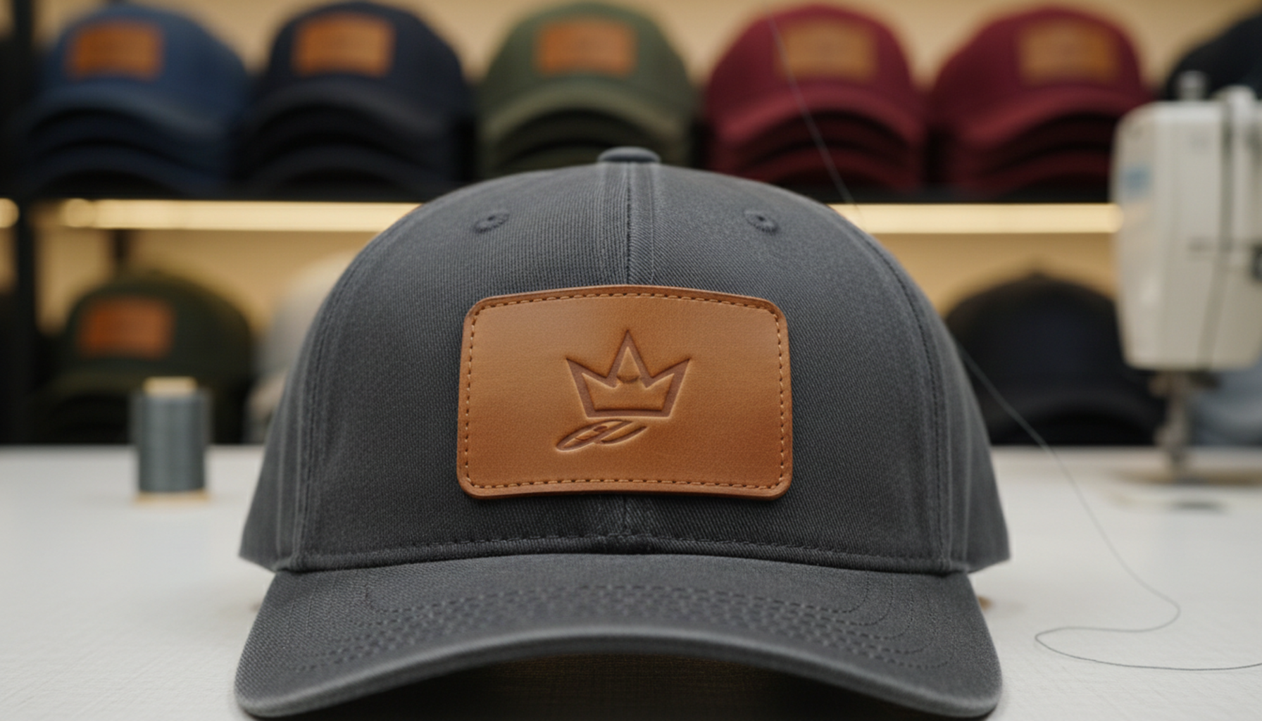Full-grain leather patch macro showing laser-etched detail and natural grain texture