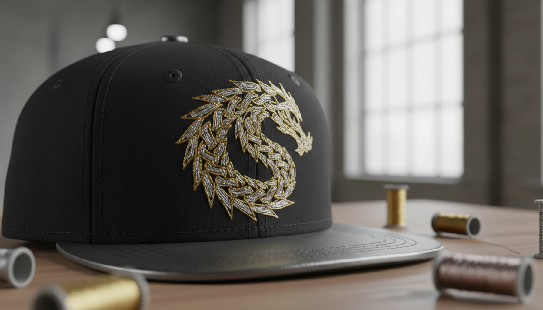 Snapback with metallic embroidery