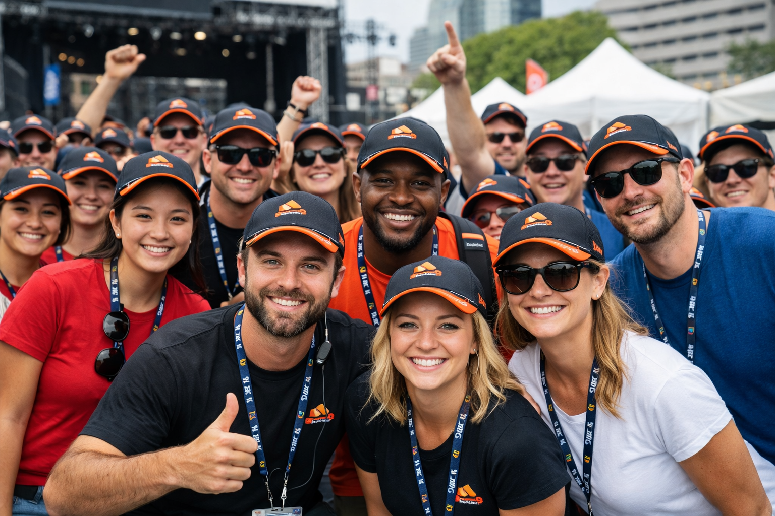 Team wearing custom caps at event