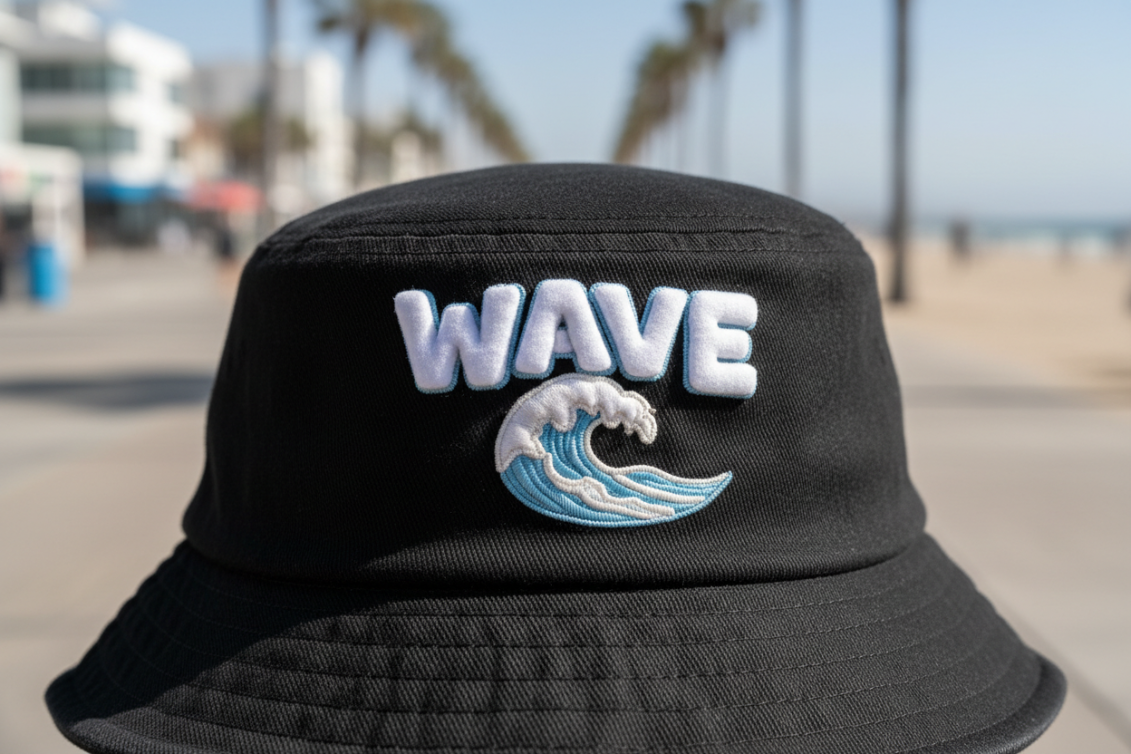 3D puff embroidery close-up on bucket hat