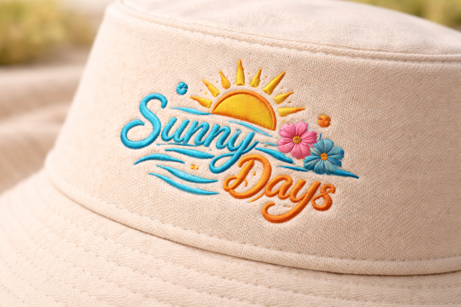 Flat embroidery close-up on bucket hat
