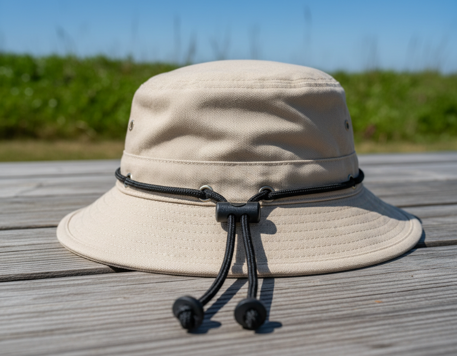 Adjustable drawstring detail on bucket hat