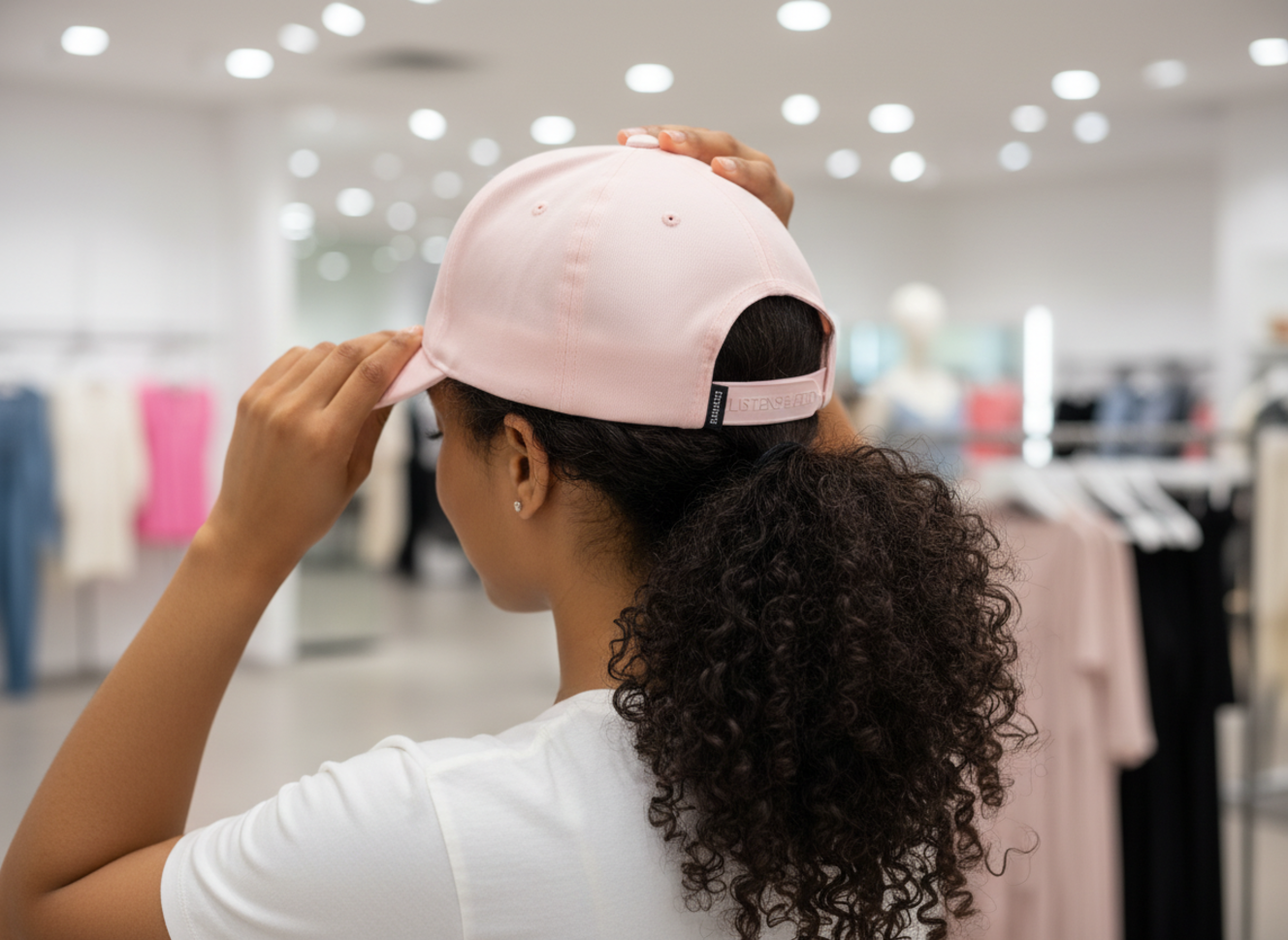 woman adjusting a pink trucker hat