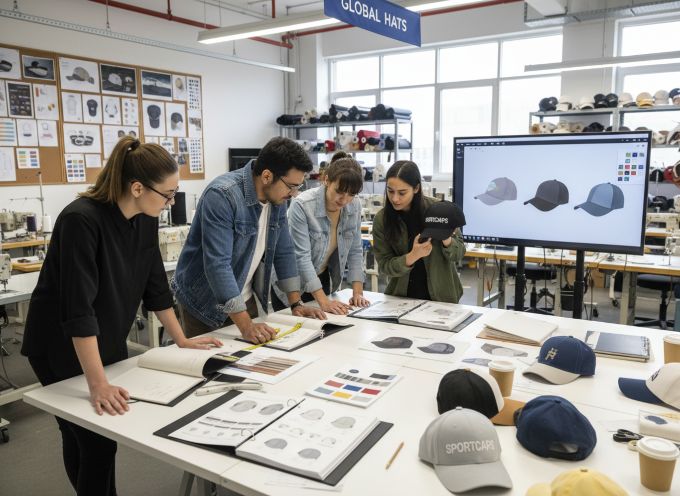 hat factory design team checking tech packs