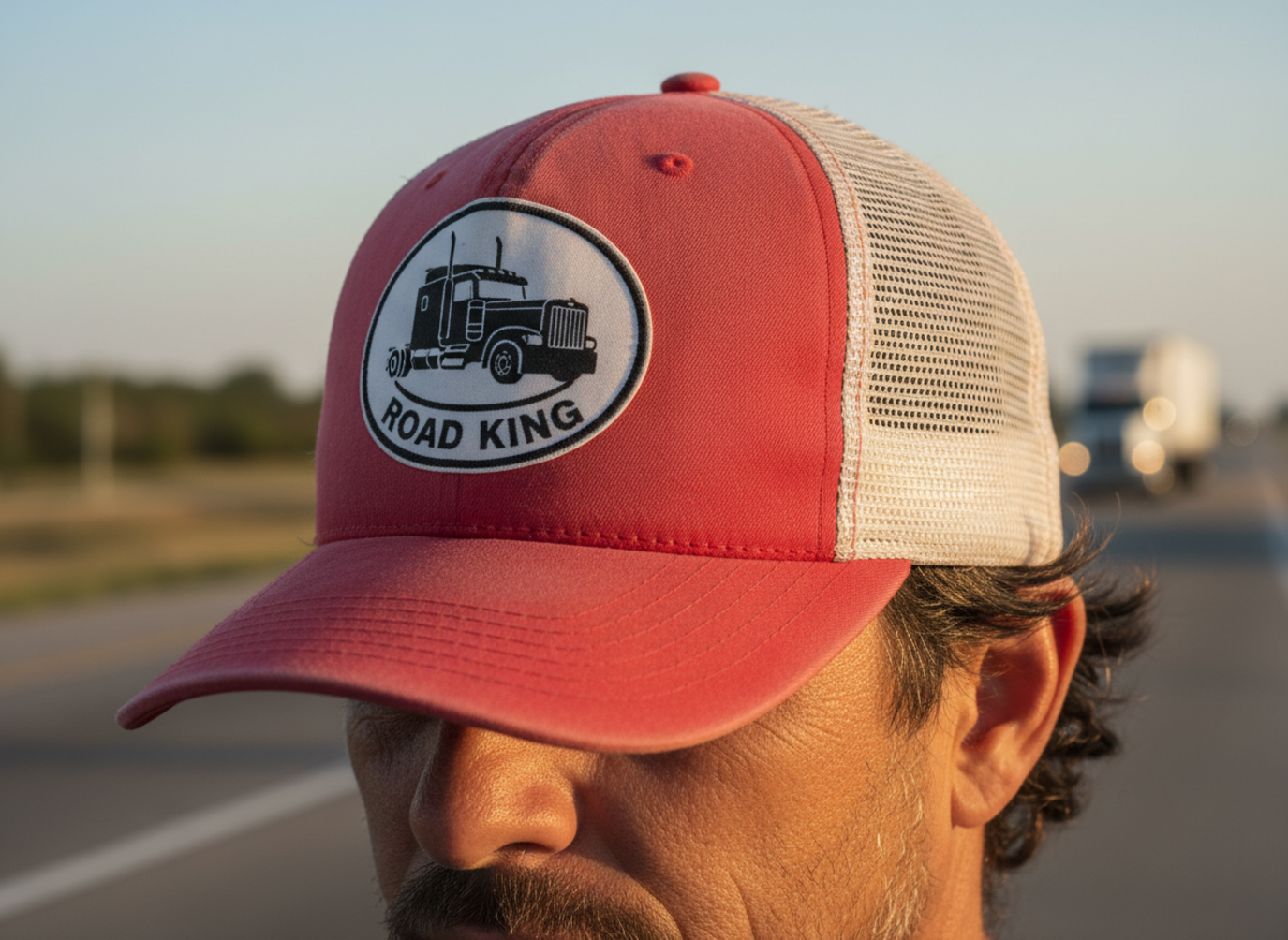 Close up of trucker hat fit on forehead