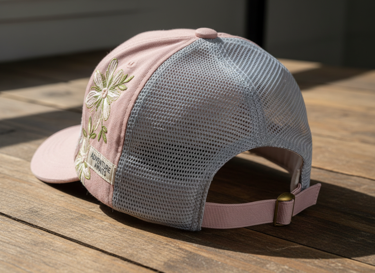 Close up of women's trucker hat design details