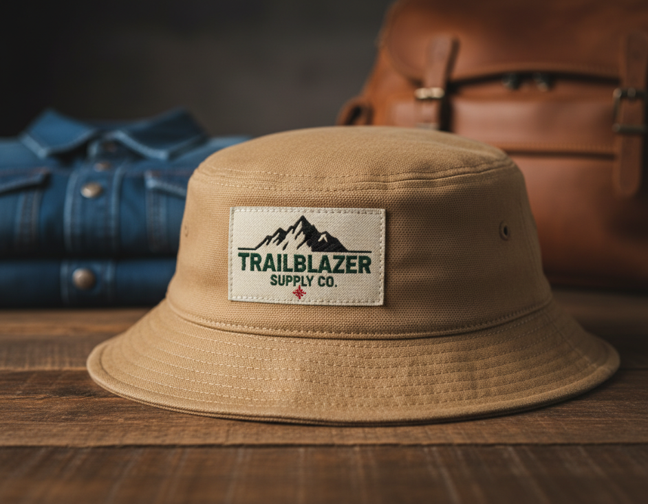 Custom woven label sewn on bucket hat