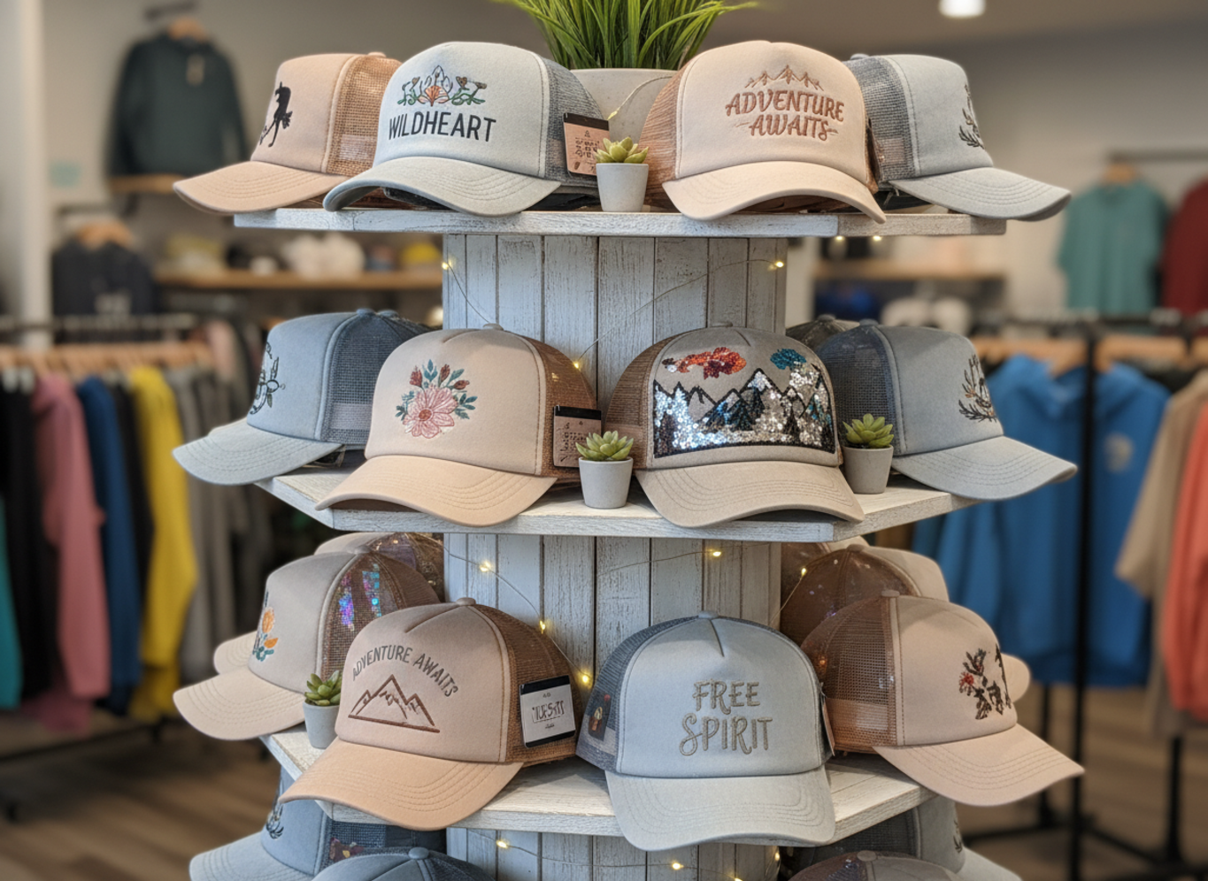 Display of women's specific trucker hats