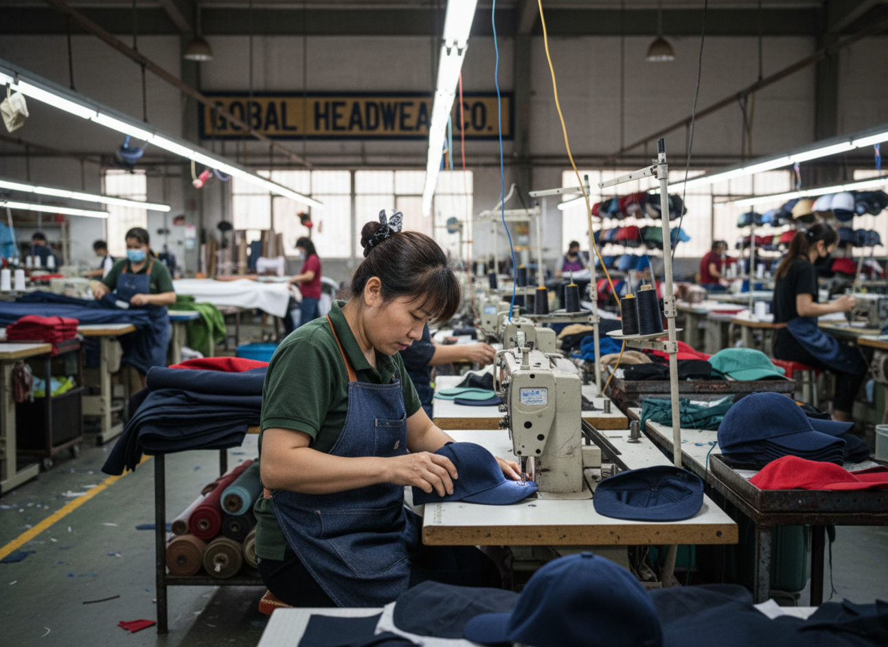 factory worker sewing hats
