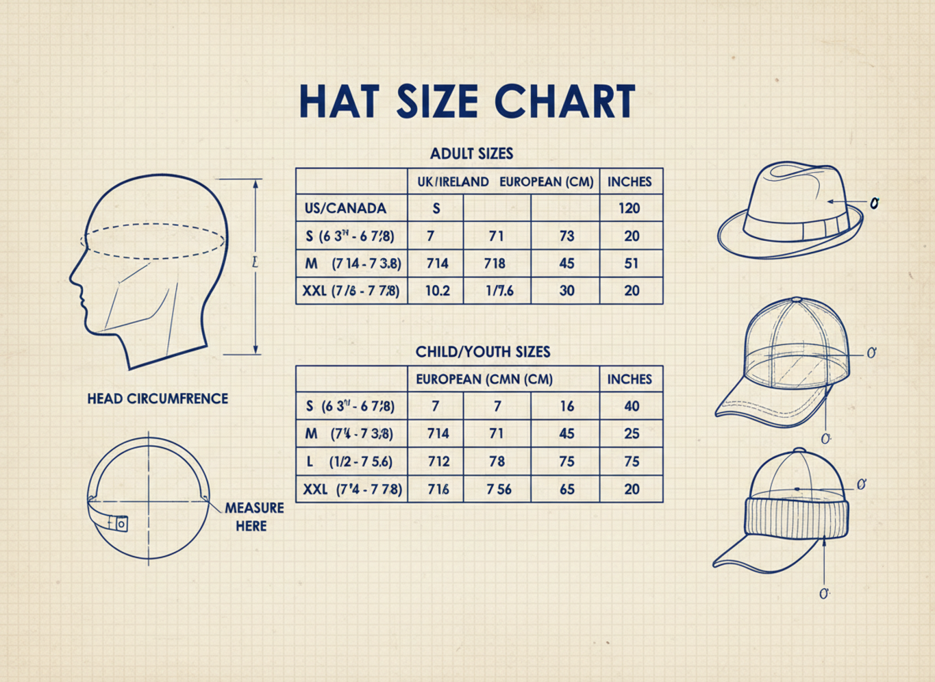 Hat size chart technical drawing
