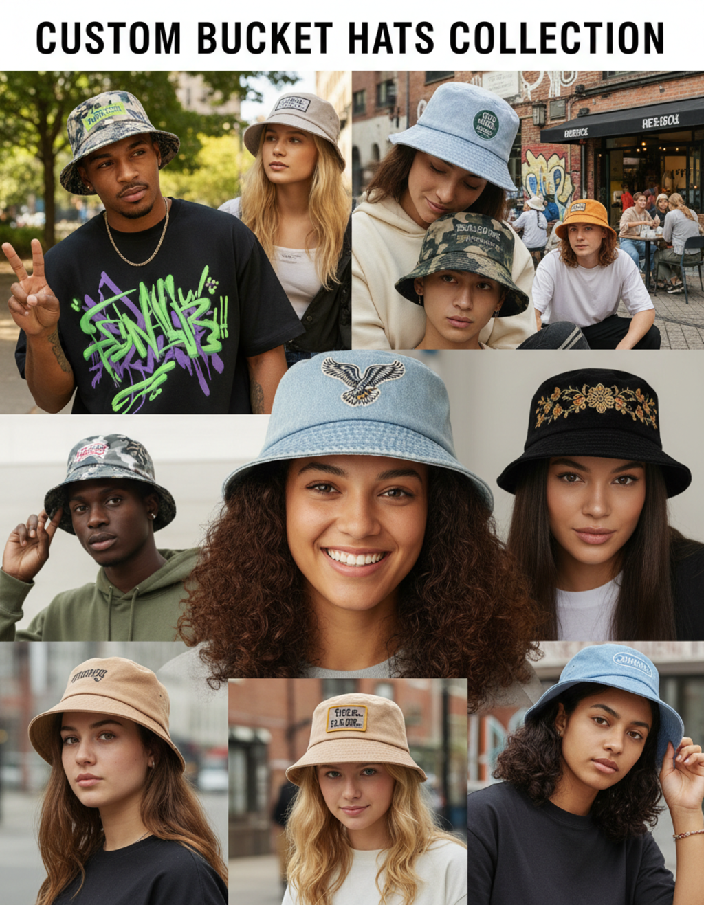 Custom bucket hats collection showcasing various styles, colors, embroidery and print designs worn by models