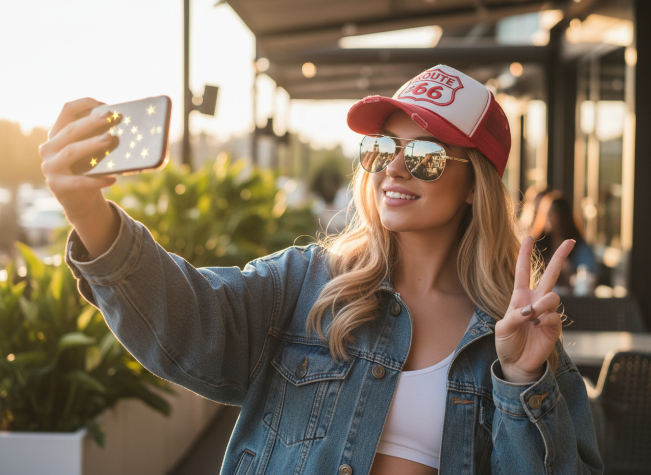 influencer taking a selfie wearing a trucker hat