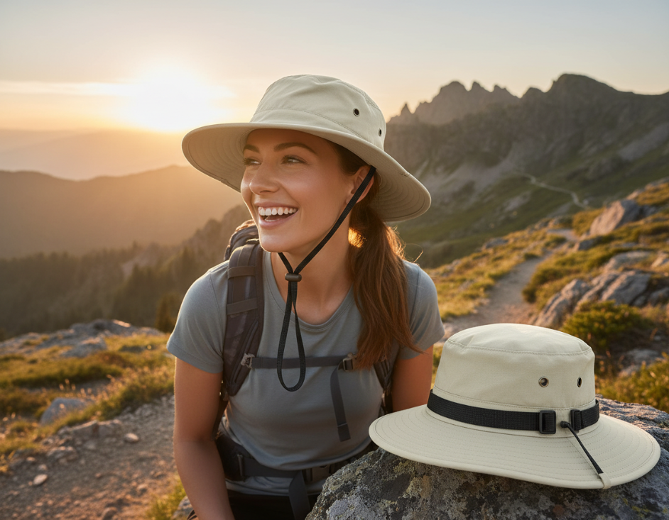 Chin strap detail on bucket hat