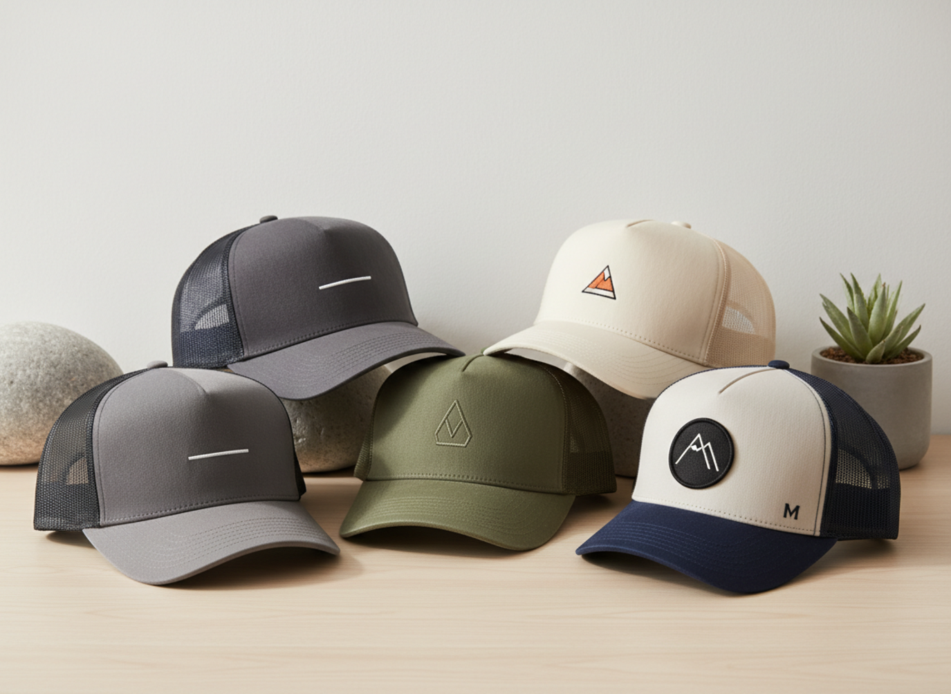minimalist design elements on trucker hats