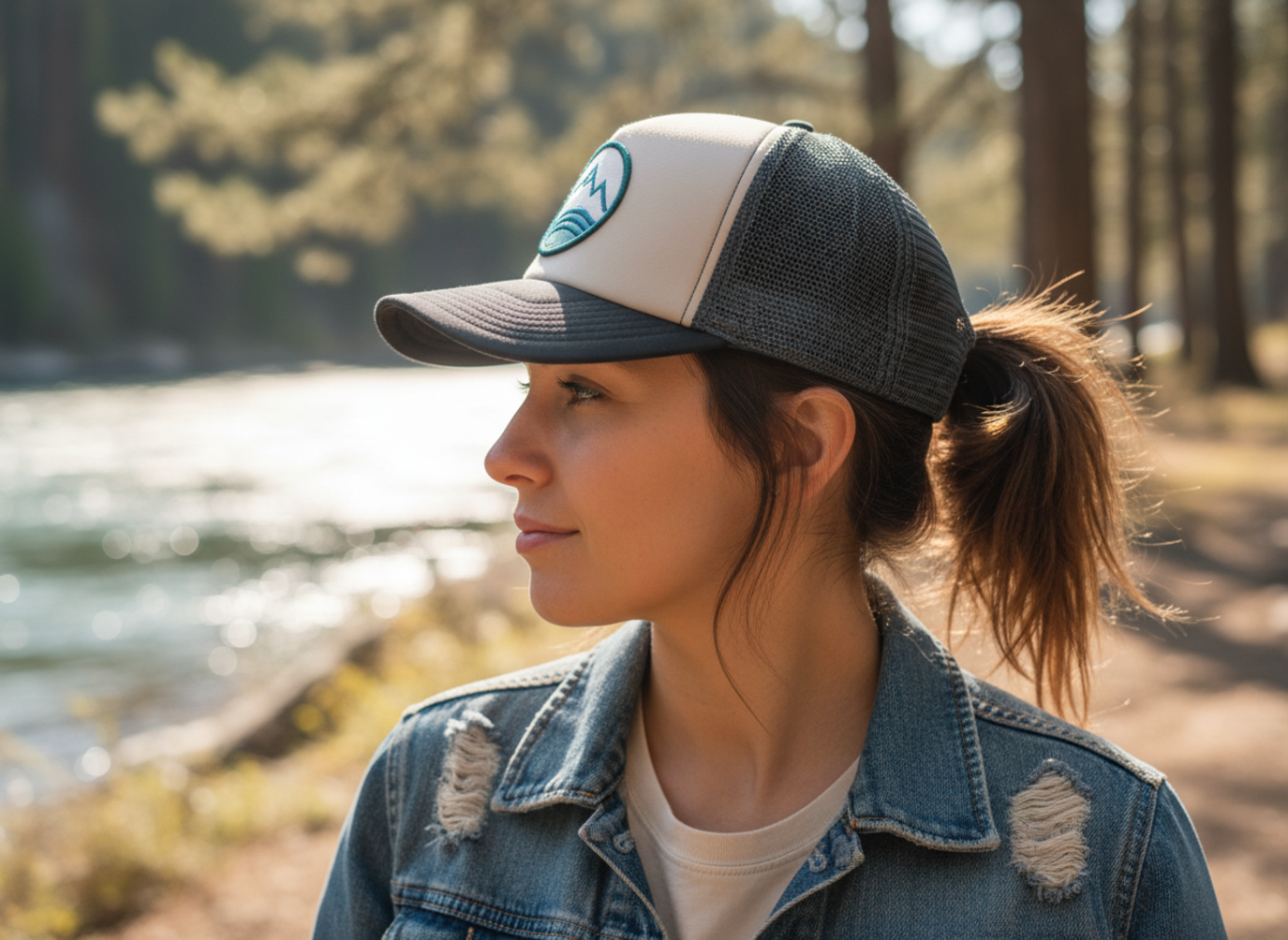Side profile of woman wearing hat above ears