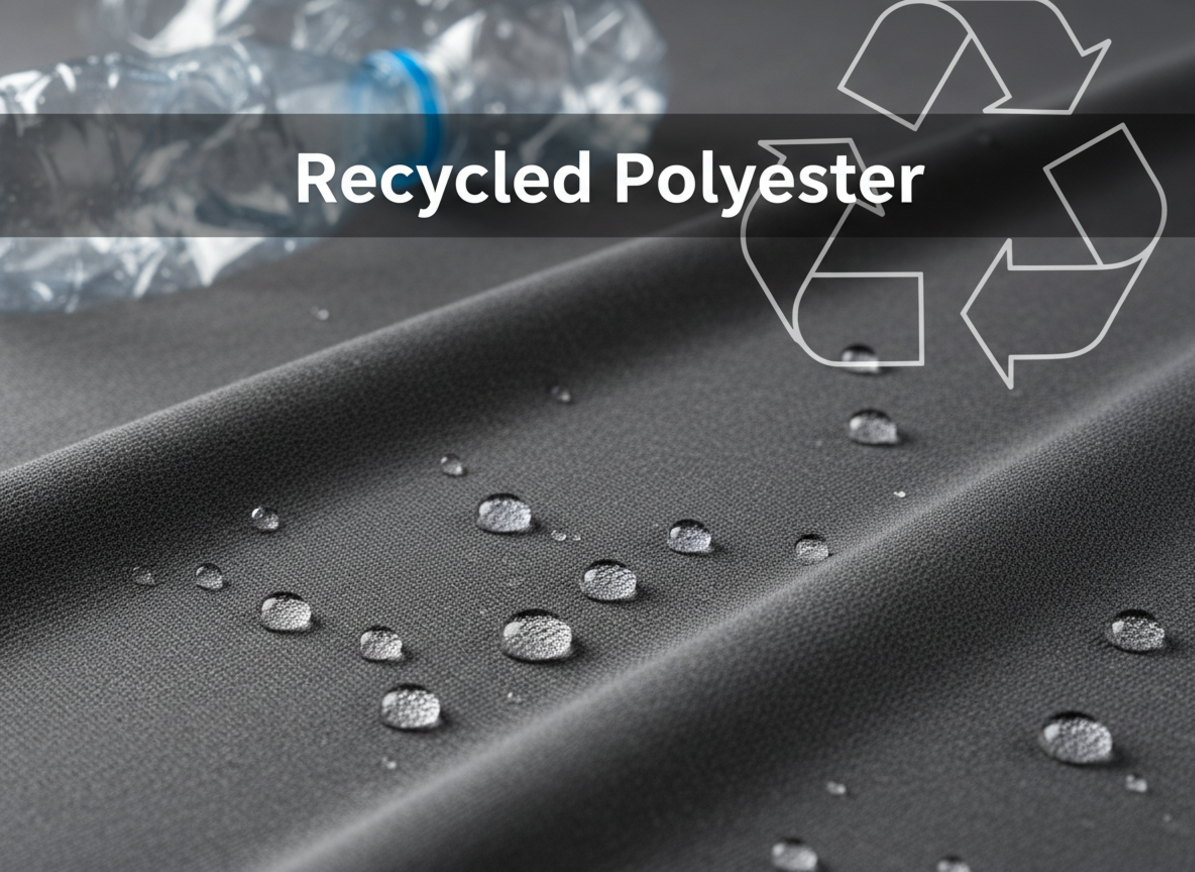 Recycled polyester fabric made from post-consumer plastic bottles showing water-resistant properties