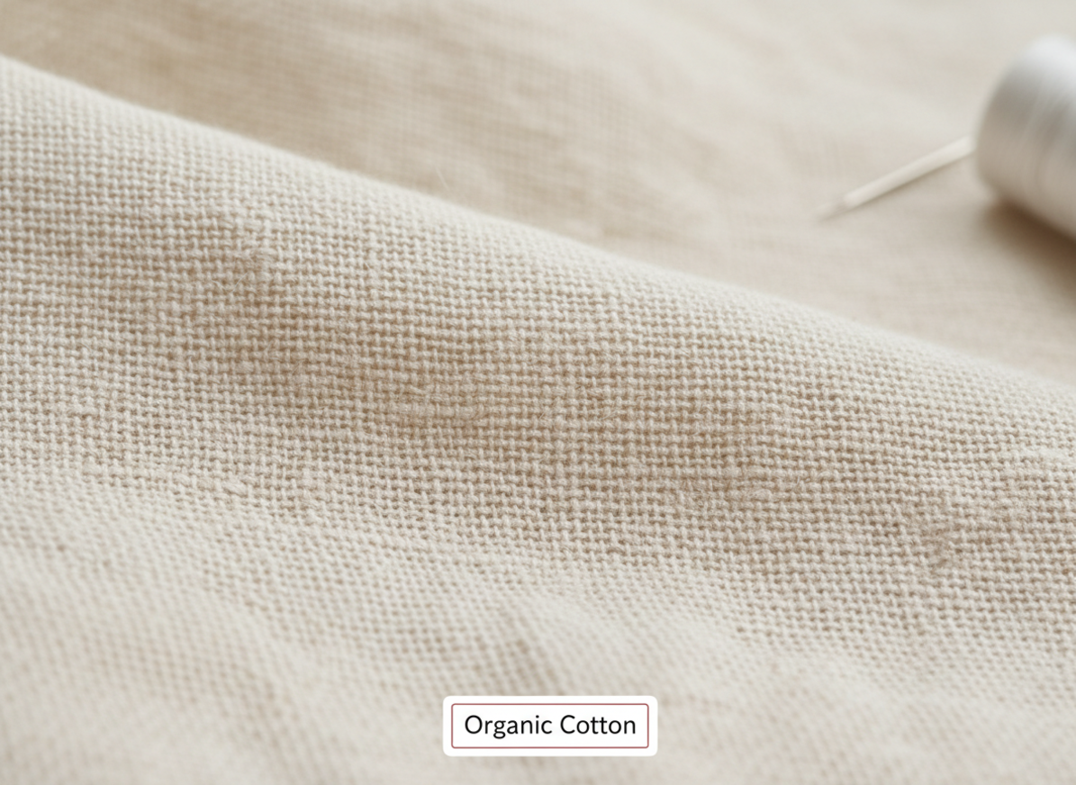 Organic cotton fabric texture for bucket hats showing natural fiber weave and breathable structure