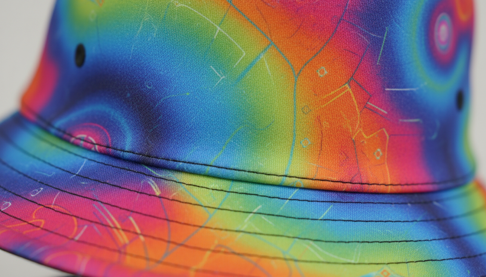 High-resolution printing technique on bucket hat fabric showing vibrant color reproduction and gradient capability
