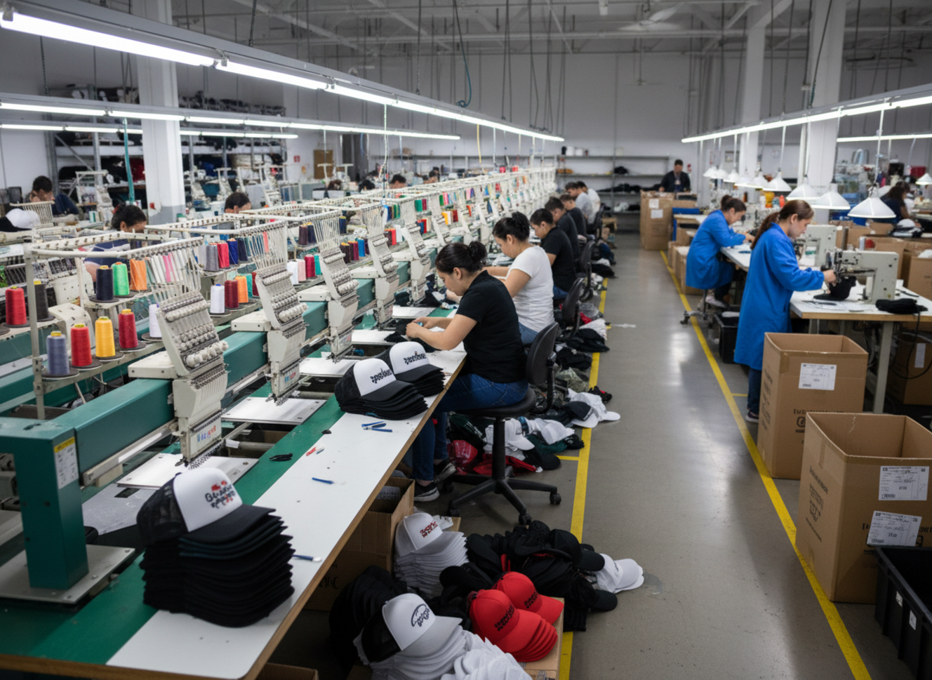 Scale women's trucker hat production factory floor