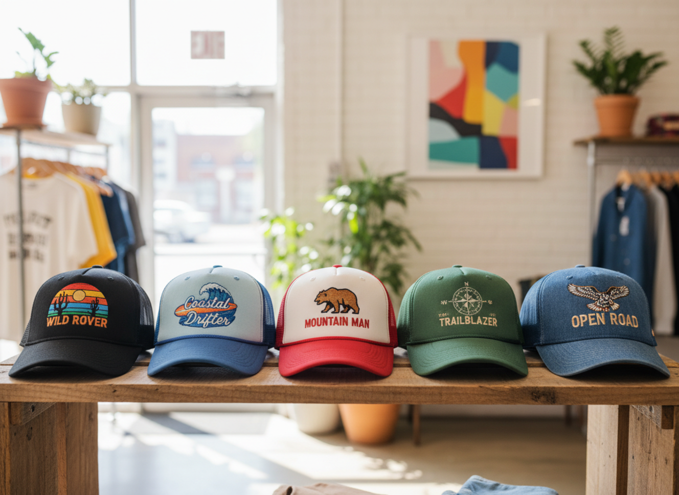 trucker hats displayed on a shelf in a boutique