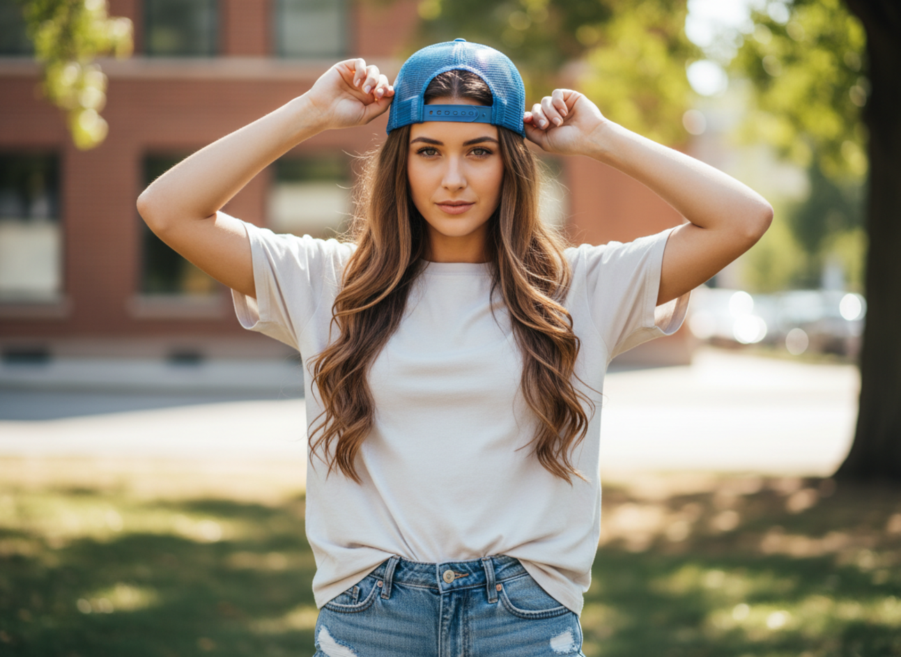 Woman adjusting the snapback on a trucker hat
