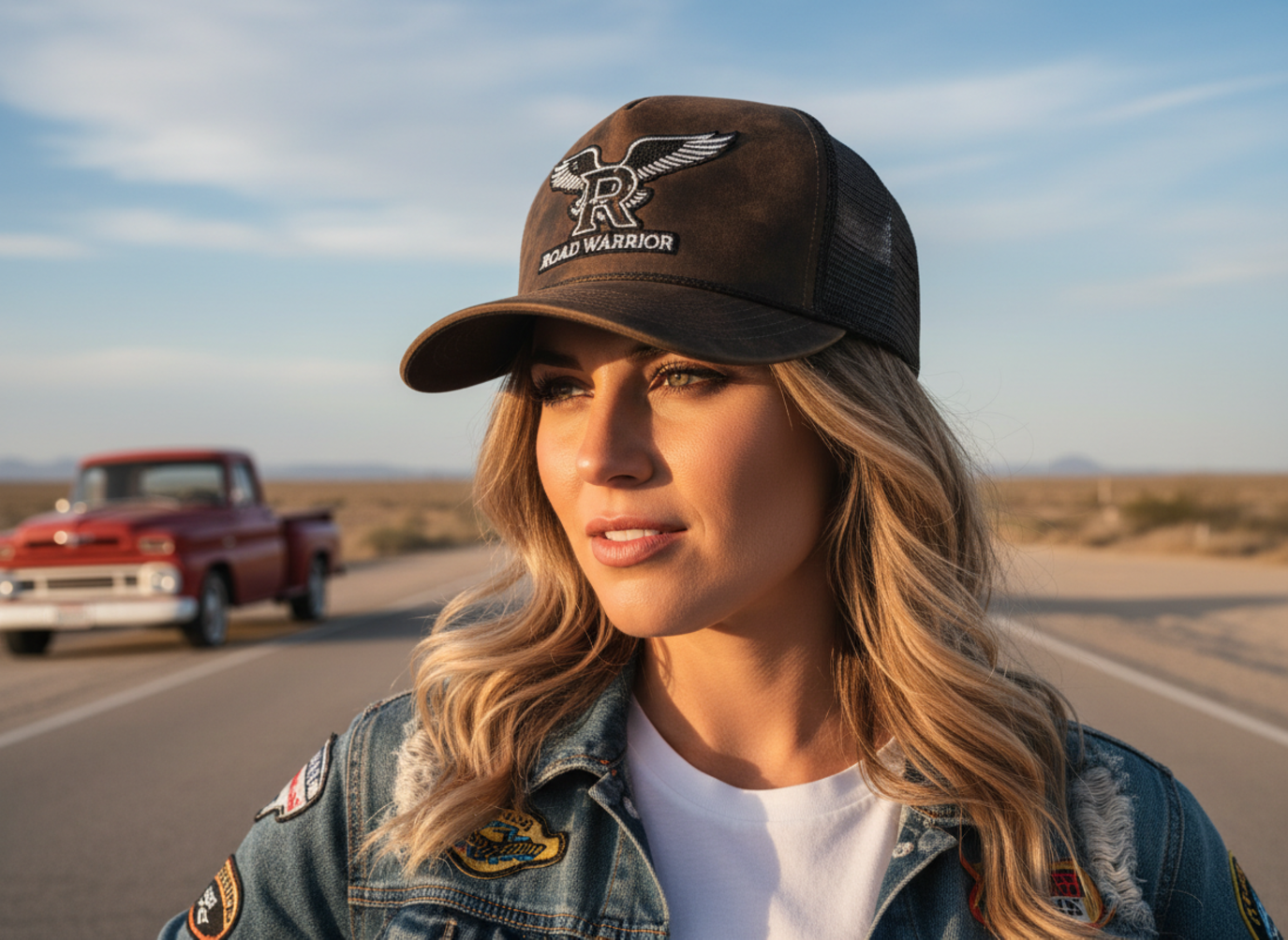 Woman wearing a custom fitted trucker hat