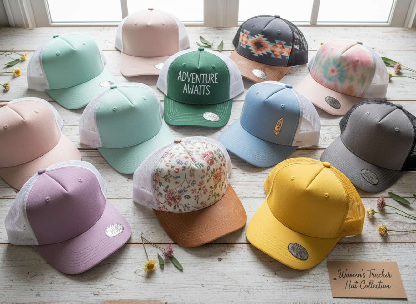 women wearing colorful trucker hats outdoors