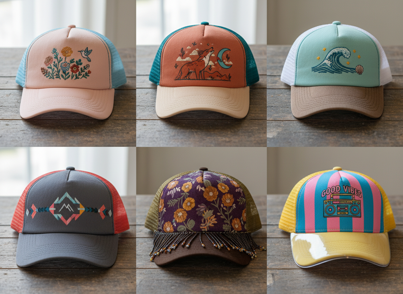 women's trucker hat color palettes and design elements