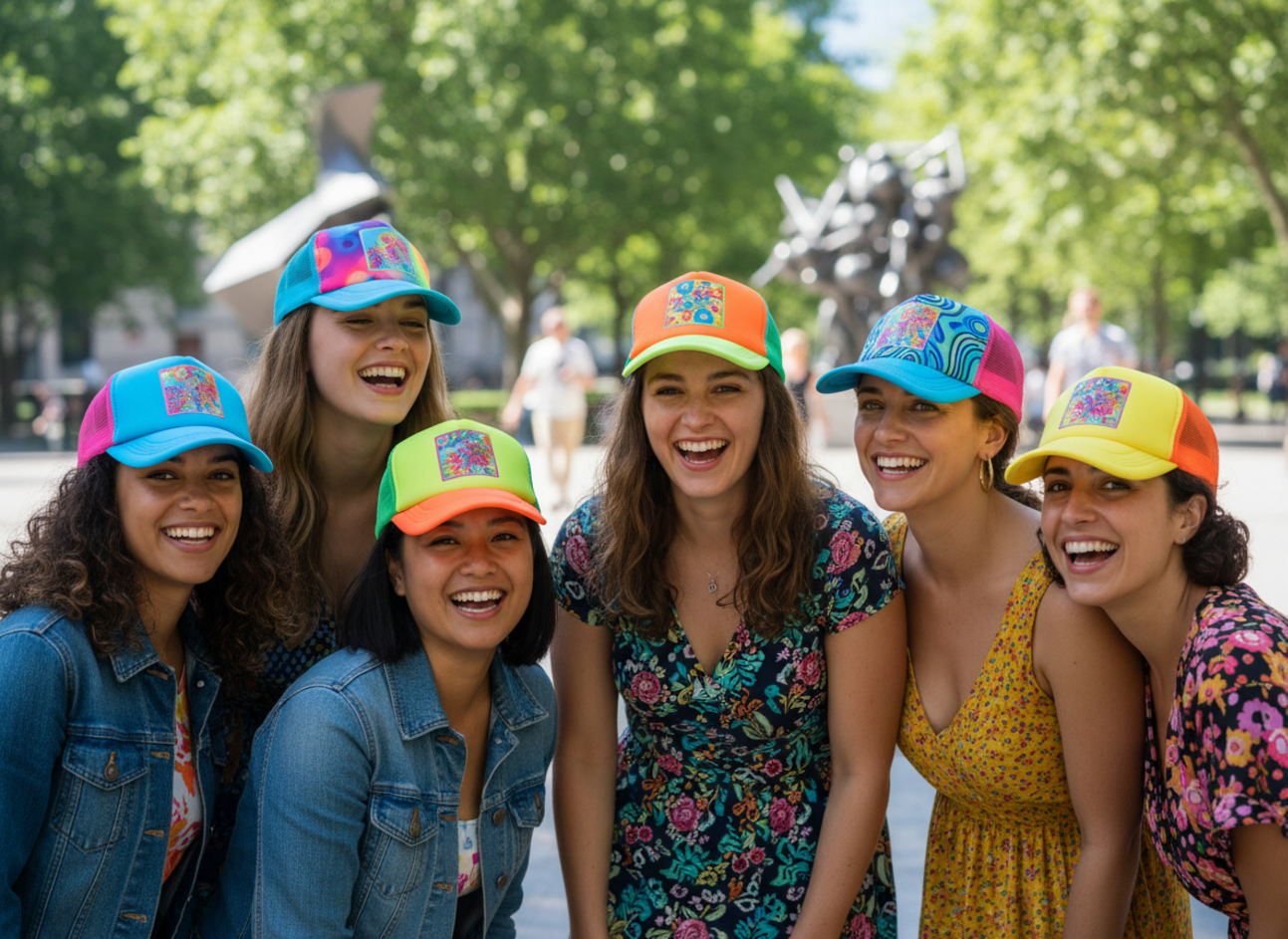 women wearing colorful trucker hats