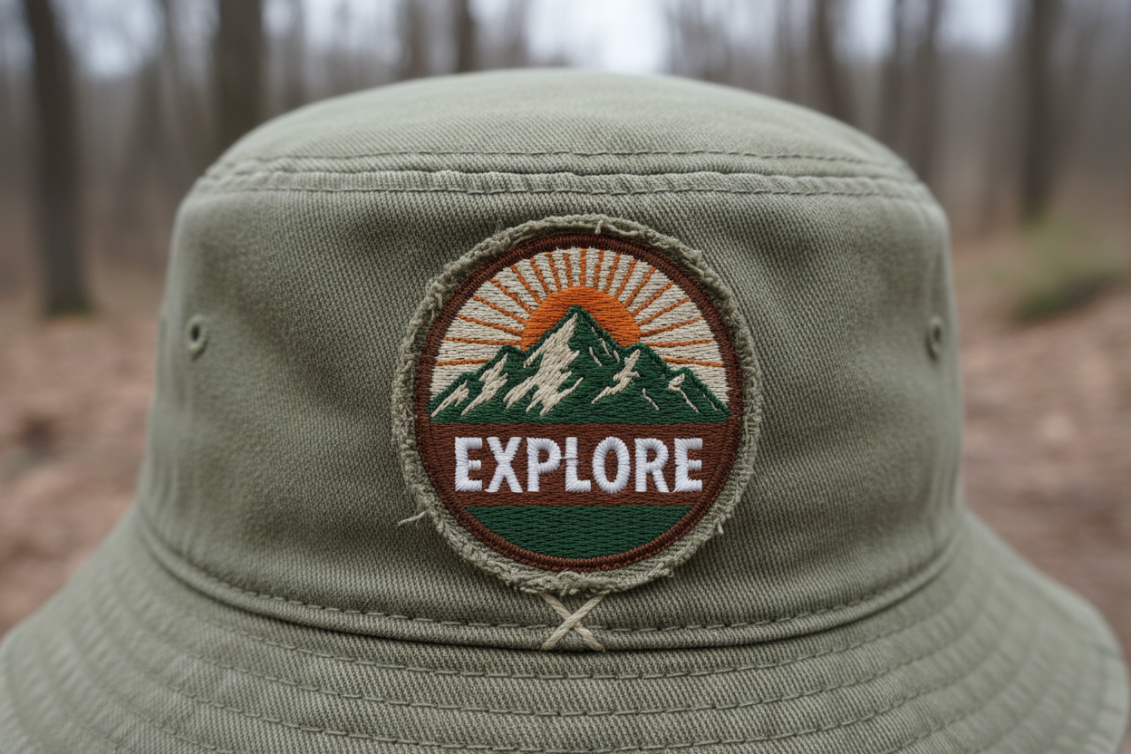Woven patch detail on bucket hat