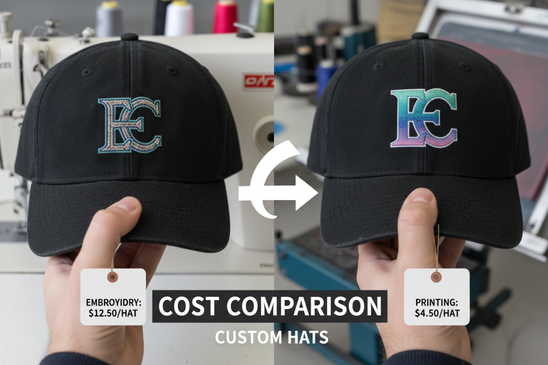 Custom hat embroidery vs printing cost comparison