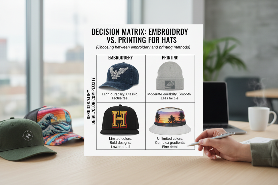Decision matrix for embroidery vs printing selection