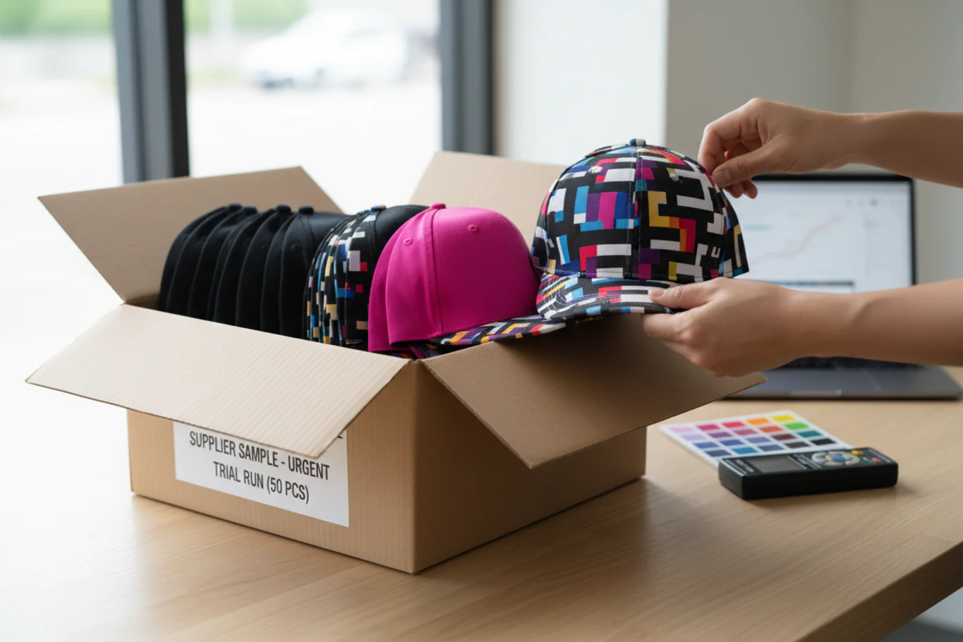 shipping box with sample hats